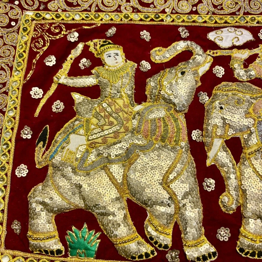 Vintage Kalaga Tapestry Velvet beaded wall scroll Gold Elephant Embroidery